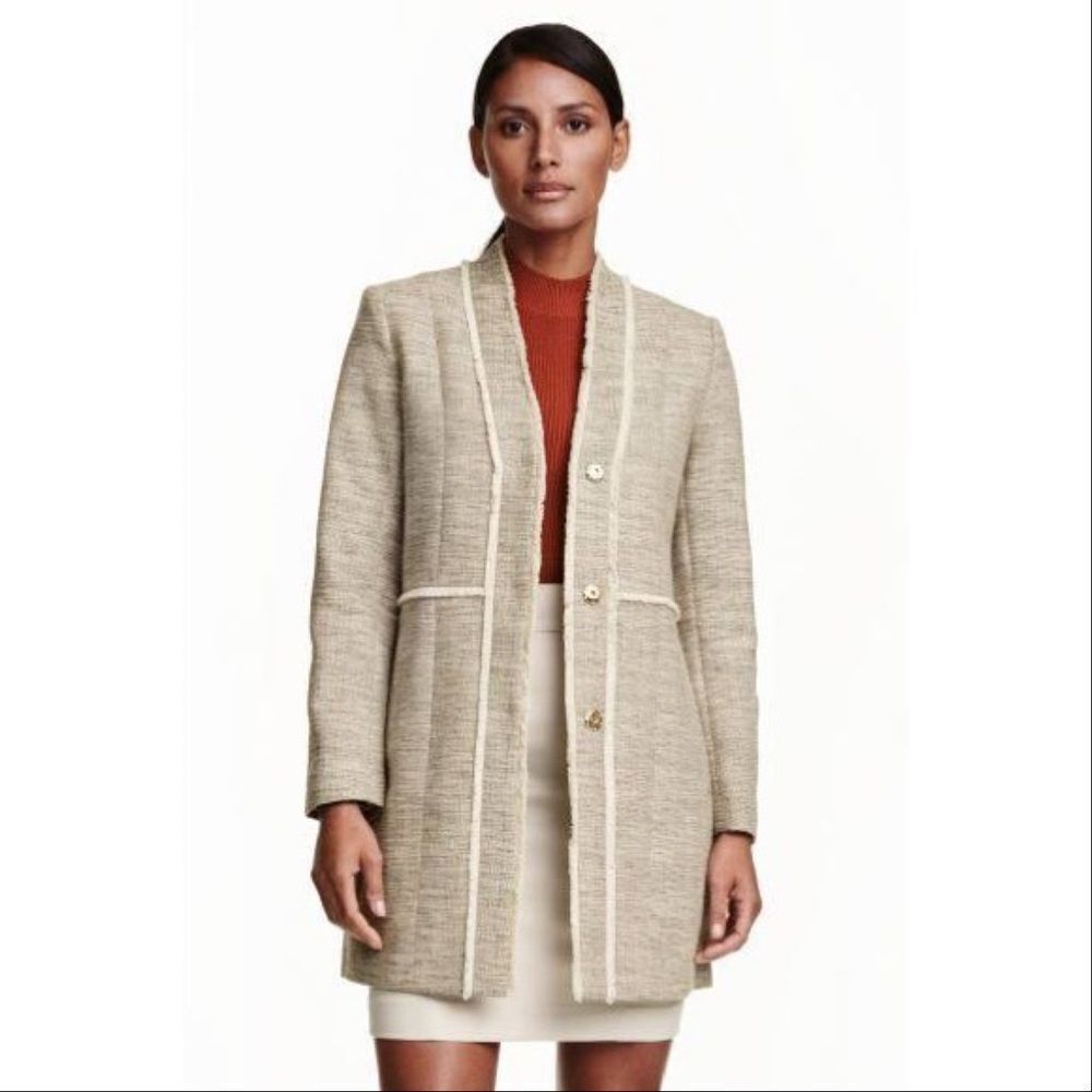 H&M Blazer Womens 10 Tan Cream Fringed Tweed Long Line Jacket Neutral Textured
